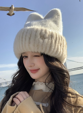 休闲可爱皮草帽子 水貂配针织弹力猫耳朵大头围冬季保暖户外女帽