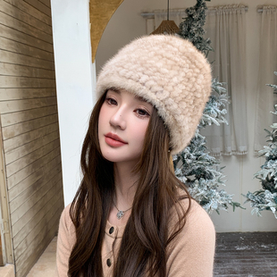 秋冬加厚保暖水貂毛男女通用包头毛绒帽防风护耳貂皮编织皮草帽子