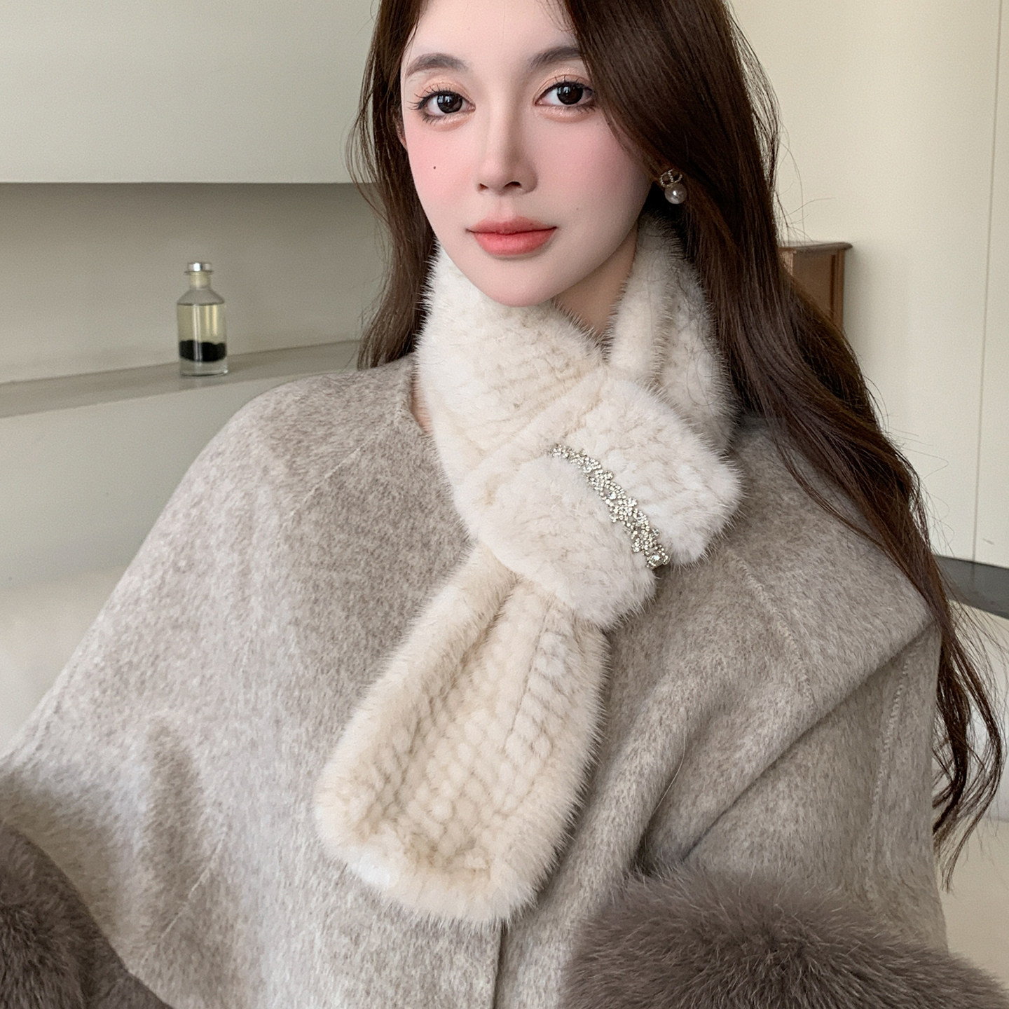 秋冬保暖水貂毛围巾女双面编织水钻韩版百搭貂皮皮草围脖女士气质