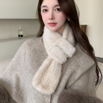 秋冬保暖水貂毛围巾双面编织