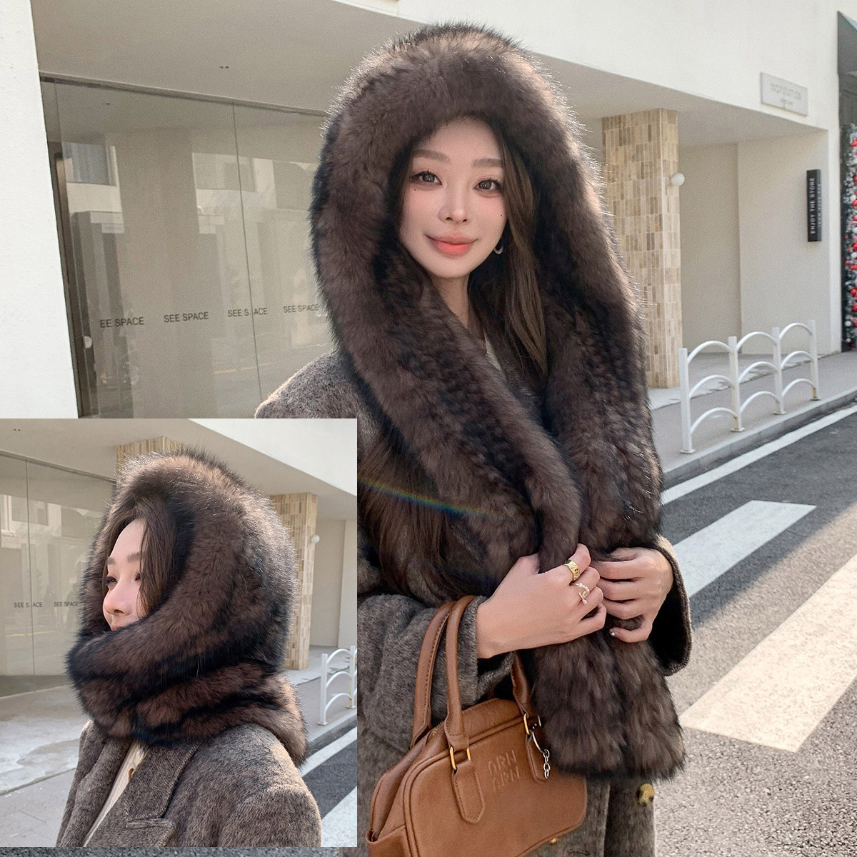 高级紫貂色双面护耳狐狸毛围巾帽