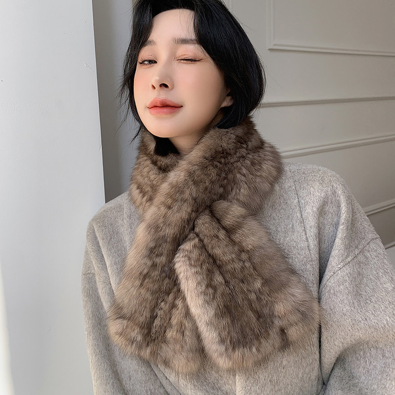 韩版紫貂皮草围巾女秋冬新款优雅韩版交叉女士水貂毛加厚围脖