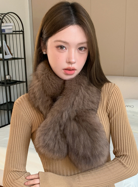 韩版气质网红新款流行美拉德色双面编织狐狸毛围巾冬季保暖时尚