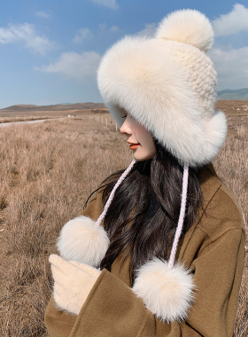 新款冬季保暖水貂毛编织狐狸毛护耳皮草帽子女可爱真毛球球风雪帽