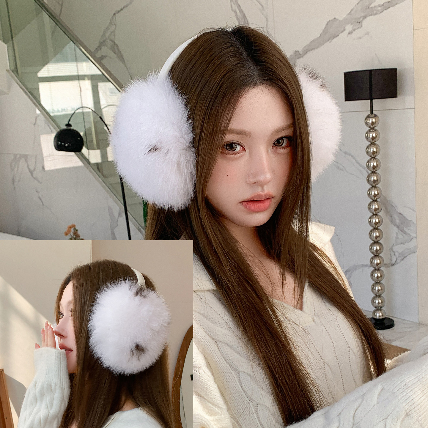 韩版新款狐狸毛耳罩洋气白色显脸小真毛毛耳包冬季保暖耳捂暖耳