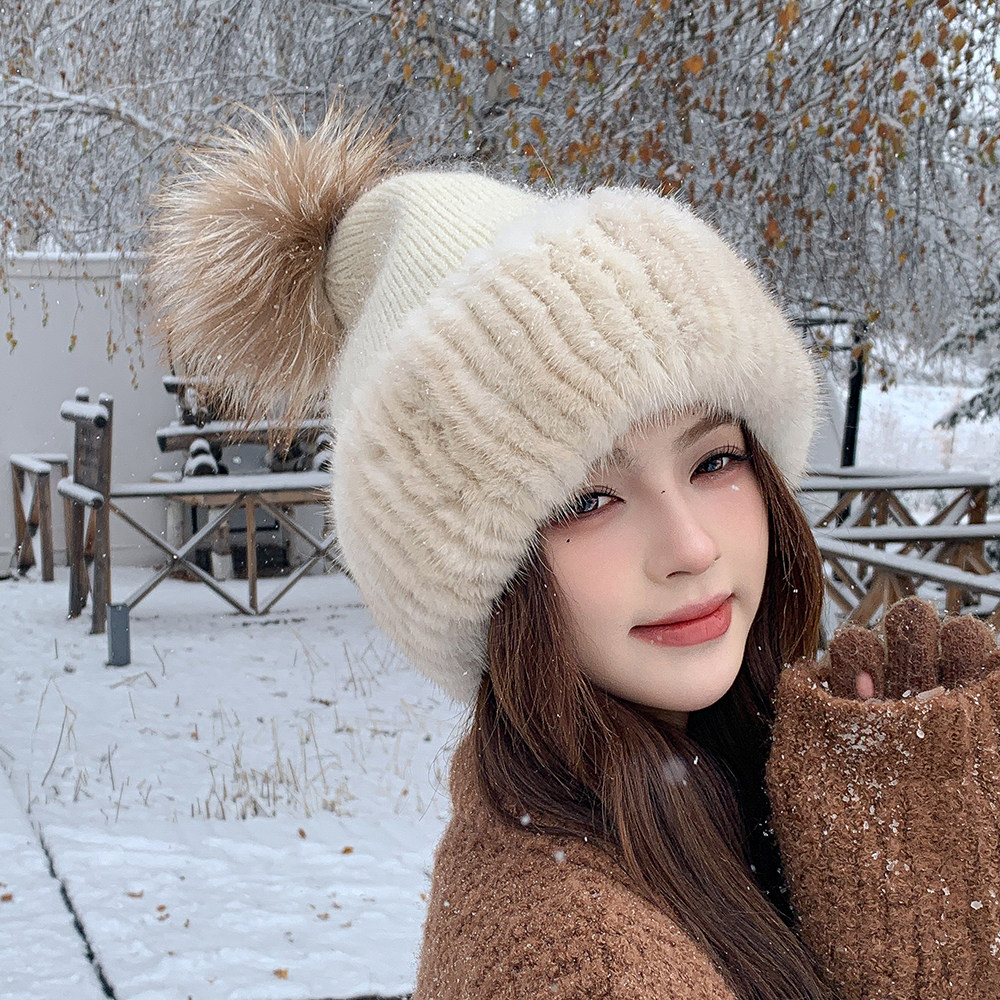 可爱水貂毛羊毛混纺针织皮草帽子狐狸红狐球球冬季保暖护耳帽子女