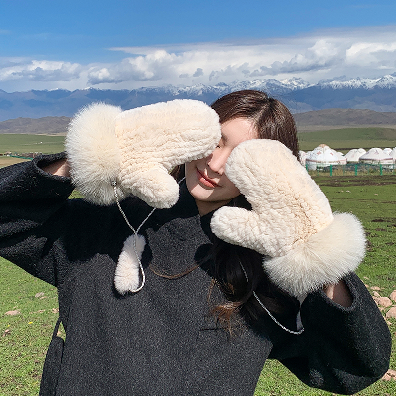 獭兔毛挂脖连指保暖皮草女士手套