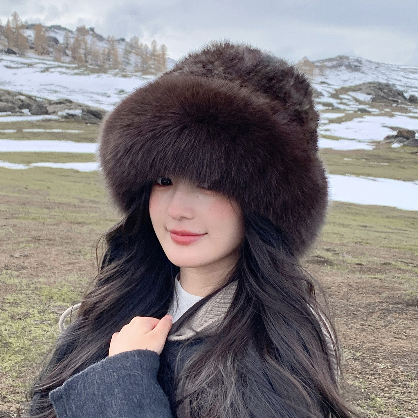 经典渔夫帽狐狸毛帽檐兔毛编织真毛皮草护耳保暖显脸小气质女帽冬