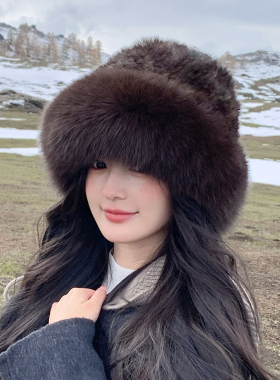 经典渔夫帽狐狸毛帽檐兔毛编织真毛皮草护耳保暖显脸小气质女帽冬