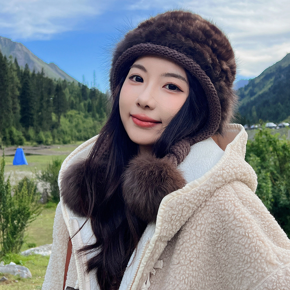 紫貂皮草帽子女冬季毛毛帽子护耳显脸小毛绒绒保暖出游滑雪帽真毛