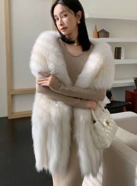 韩版琥珀色狐狸毛流苏大披肩大围巾真毛保暖九尾狐皮草大毛领坎肩