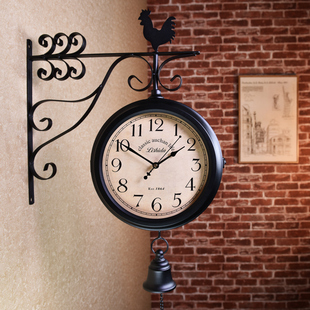 铁艺静音双面钟表挂钟客厅欧式 美式 北欧创意挂表复古工艺两面时钟