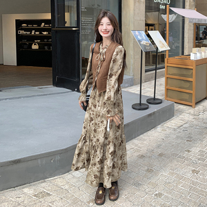 2025春秋新款法式复古温柔碎花连衣裙女美拉德马甲长裙图片