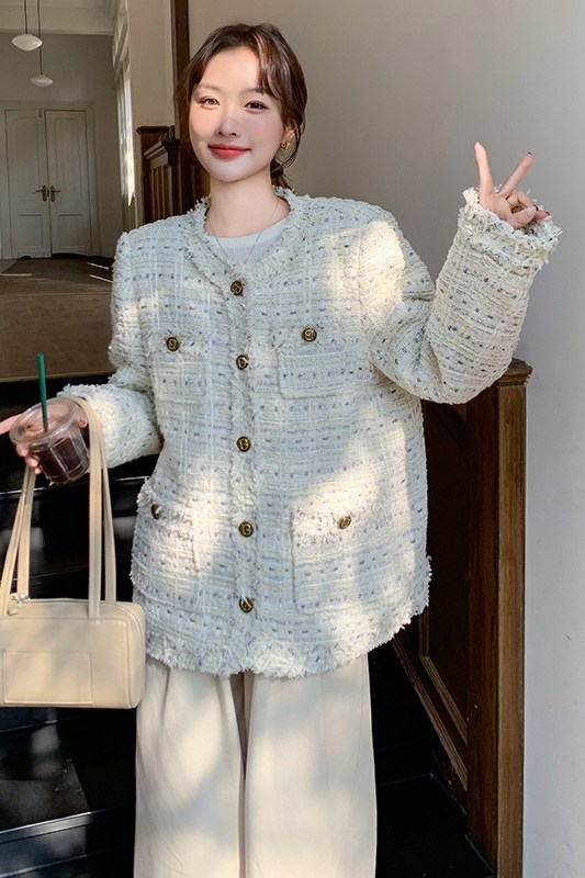 森系休闲圆领小香风外套女2025春季新款慵懒风宽松气质中长款上衣,女装短外套,惟卡贝娜