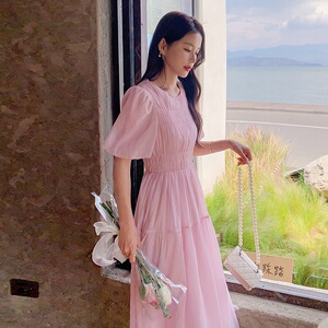 法式粉色方领连衣裙女夏2025新款温柔风甜美宽松泡泡袖初恋长裙子,怎么搭配粉色沙裙图片