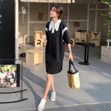 高级感polo领黑色连衣裙女夏2025新款学院风宽松休闲T恤裙中长裙，女装连衣裙，惟卡贝娜