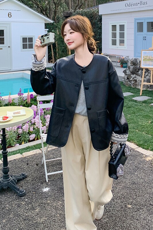 蕾丝拼接皮衣短外套女2025年秋季新款韩系高级感复古休闲pu皮夹克,女装皮衣,惟卡贝娜