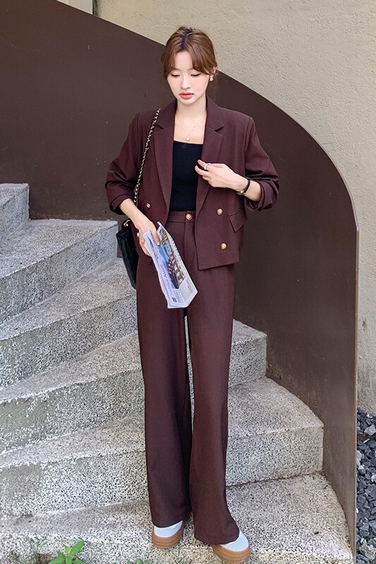 通勤穿搭灰色西装套装女初春秋2025超火好看高级感阔腿长裤两件套,女装套装/套裙,惟卡贝娜