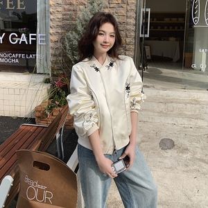 米色高级感刺绣棒球服外套女2025春季新款韩版小个子减龄夹克上衣图片