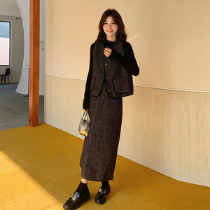 灰色小香风马甲套装裙女2025秋季新款法式气质高级感半身裙两件套图片