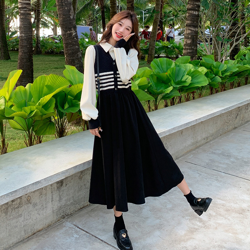 法式黑色假两件长袖连衣裙女2025春季新款设计感高腰显瘦A字长裙，女装连衣裙，惟卡贝娜