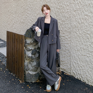 通勤穿搭灰色西装套装女初春秋2025超火好看高级感阔腿长裤两件套图片