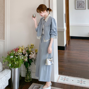 蓝色复古磨毛牛仔套装裙女2025春季新款休闲外套阔腿裤显瘦两件套图片