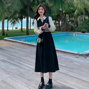 法式黑色假两件长袖连衣裙女2025春季新款设计感高腰显瘦A字长裙图片