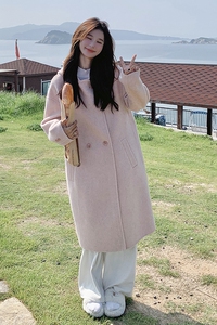 粉色学院风减龄双面羊绒大衣女中长款秋冬新款气质高级加厚呢外套图片
