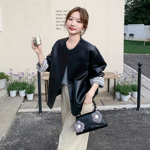 蕾丝拼接皮衣短外套女2025年秋季新款韩系高级感复古休闲pu皮夹克图片