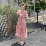 独特立体感压褶泡泡袖法式温柔风连衣裙女夏2025新款绝美长裙及踝，女装连衣裙，惟卡贝娜