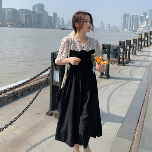 现货226-L60-P105  2022夏季新款波点拼接连衣裙女  控价158图片