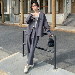 灰色西装套装女2025春季新款韩版高级感ootd穿搭休闲阔腿裤两件套图片