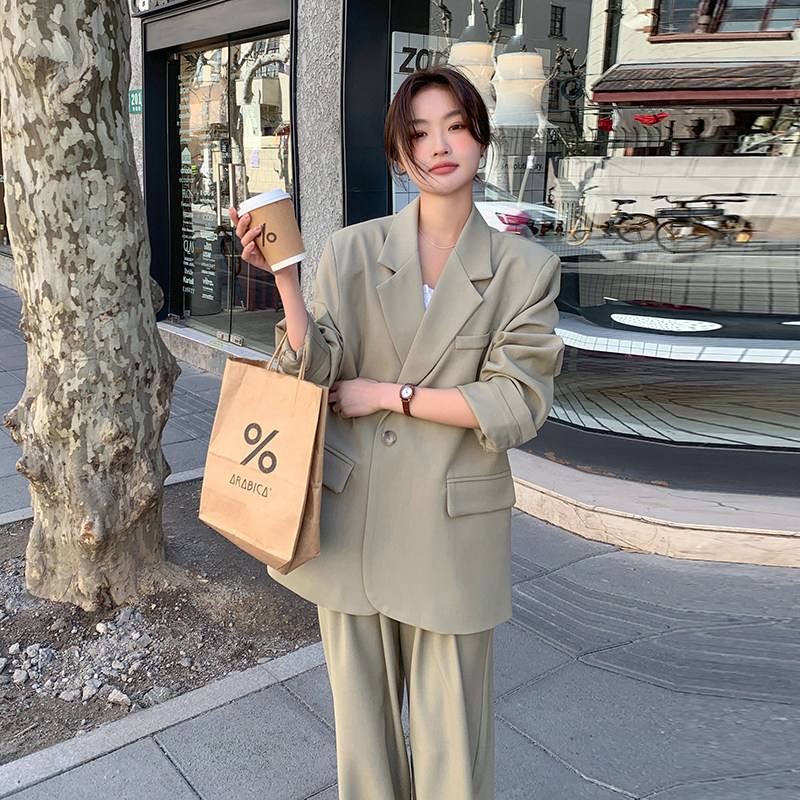 绿色休闲西装套装女2025春秋新款爆款小个子高级感阔腿裤两件套,女装西装,惟卡贝娜