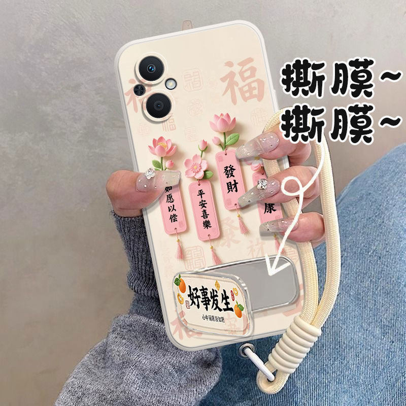 适用于OPPOA96手机壳PFUM10镜头全包防摔硅胶软壳新款保护套可爱创意带支架直边网红带手链ins风