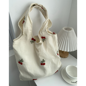 2025年新款樱桃刺绣帆布背心包女大容量手提袋上班通勤单肩托特包