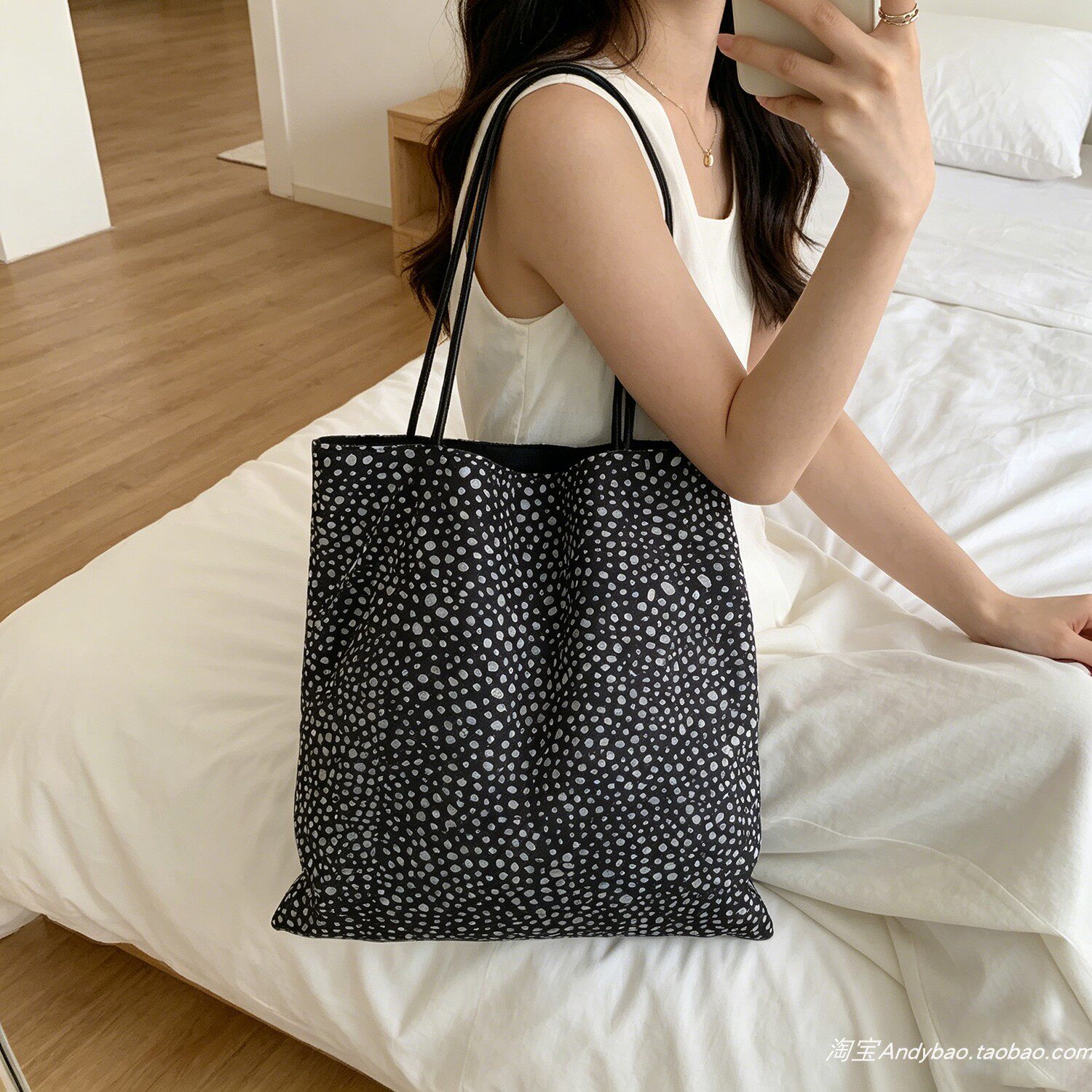 小众黑色波点托特帆布包女大容量双层轻便通勤大学生单肩包高级感