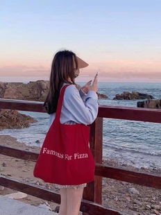 小众设计感帆布托特包男女2025新款红色字母通勤百搭大容量单肩包