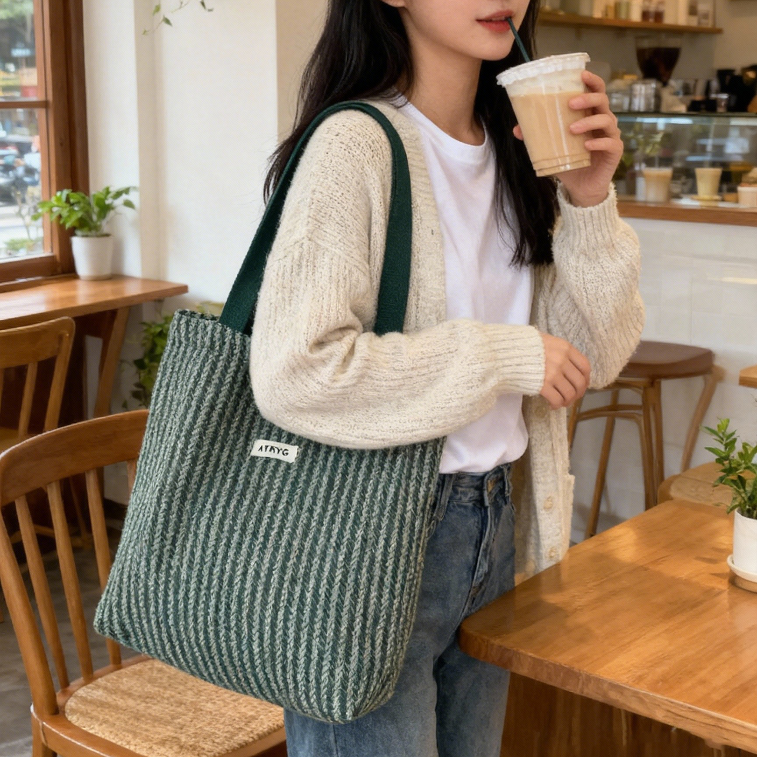 条纹毛呢托特包女有拉链双层大容量手提单肩包百搭简约上班通勤包,箱包皮具/热销女包/男包,托特包,淘宝优惠券,粉丝福利购,淘宝优惠卷