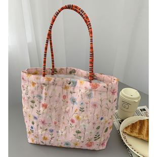 韩系碎花腋下可爱手提小拎包出门杂物袋通勤上班饭盒水桶包帆布包