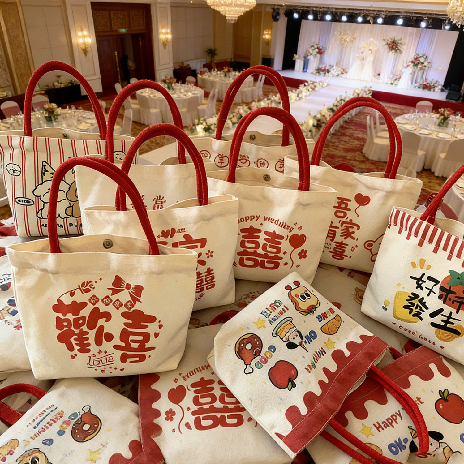 红色手拎帆布包小号伴娘手提袋结婚伴手礼婚庆回礼大容量礼品袋