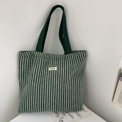 加厚毛呢条纹单肩大容量帆布包