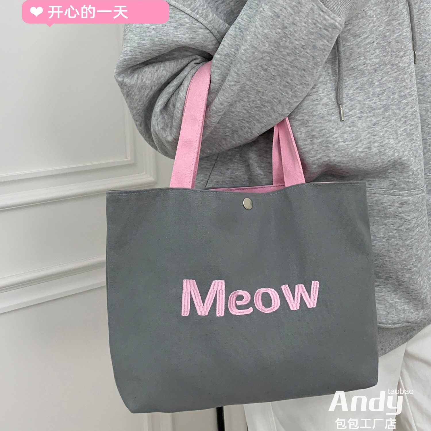 2025新款刺绣字母双层帆布包通勤上班杂物小拎包手提袋补习手提包