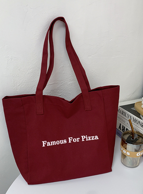 韩系字母简约慵懒文艺单肩帆布包袋百搭大容量学生通勤托特红色包