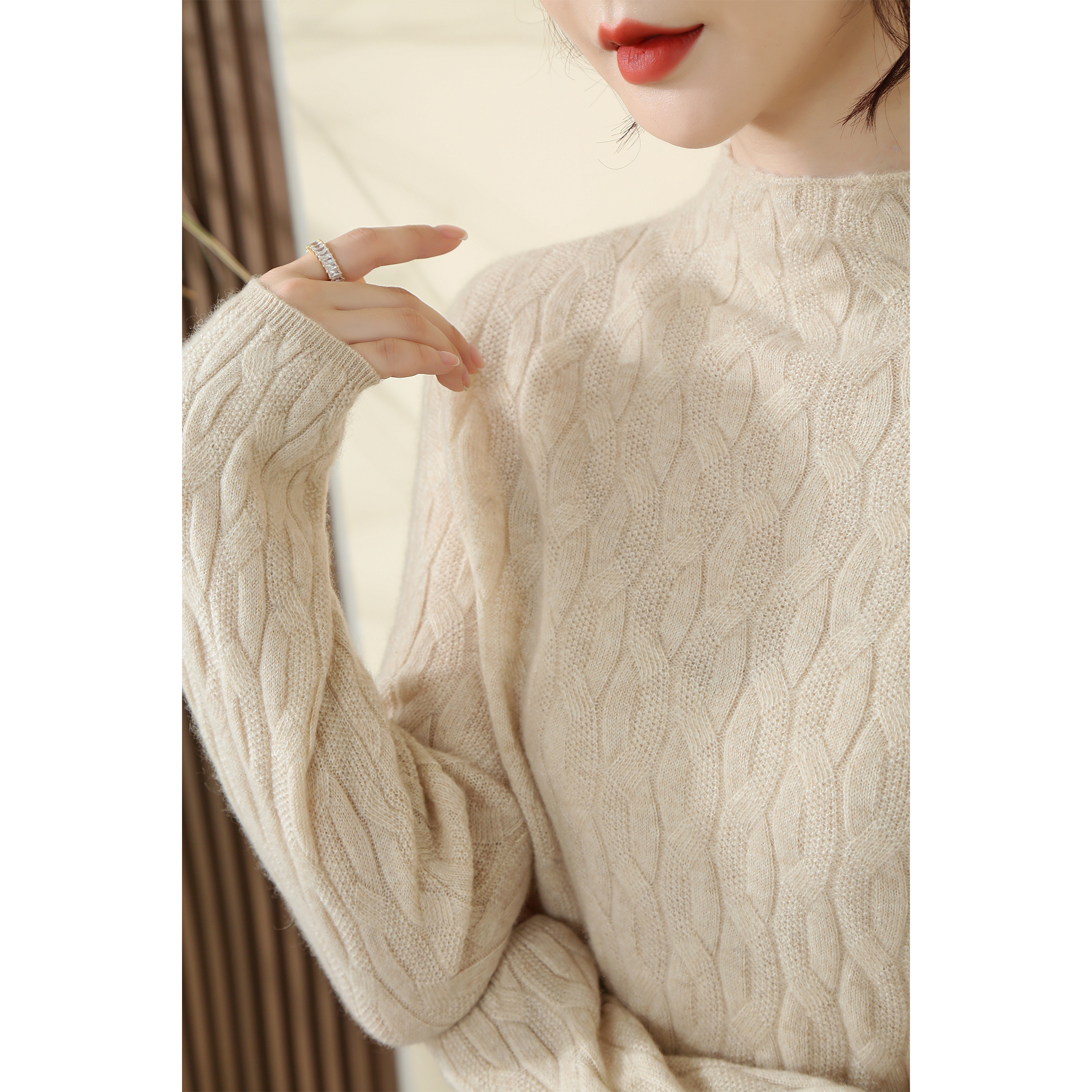 迪瑞羊100%山羊绒半高领羊绒衫女士扭花打底衫毛衣