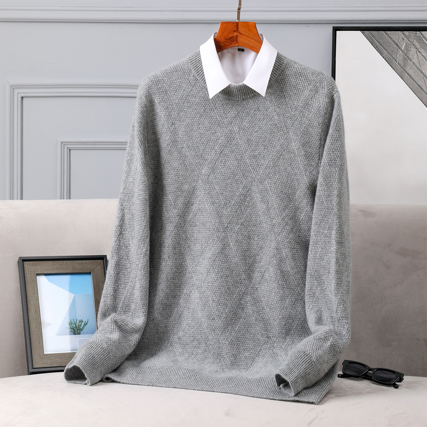 双股加厚男士100%山羊绒毛衣