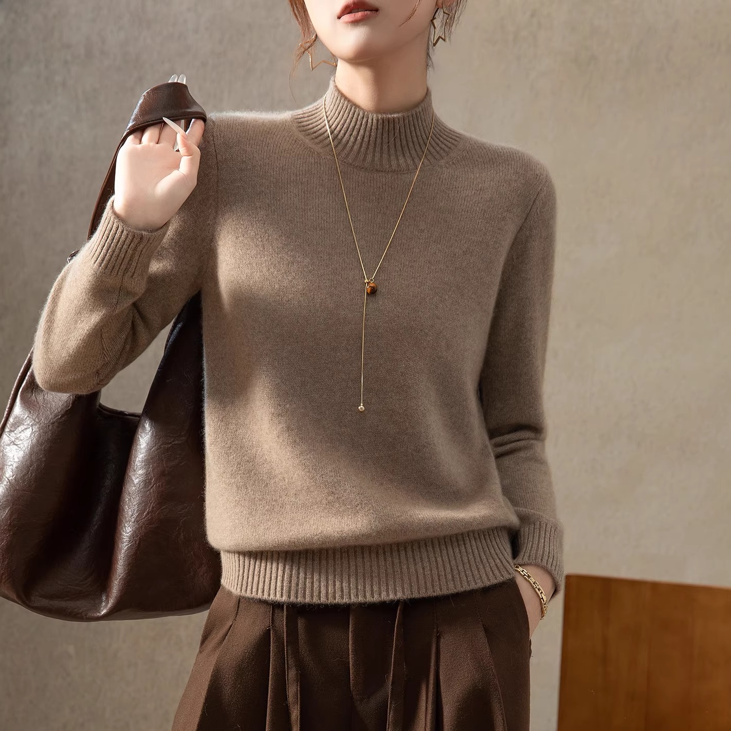 320克加厚半高领100%山羊绒衫