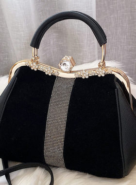 女士手提包包2025新款款镶钻百搭仿马毛手提包大气单肩夹子包大包