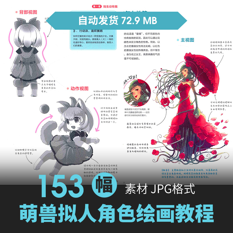 Q版卡通动物拟人角色兽人画法人体动态结构绘画临摹线稿素材图片