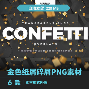 6种风格金色纸屑碎屑飞洒节日派对庆祝照片叠加PNG素材